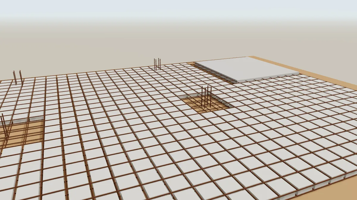 Ilustración 3D de casetones recuperables colocados sobre el encofrado, con la armadura de los nervios de un forjado reticular
