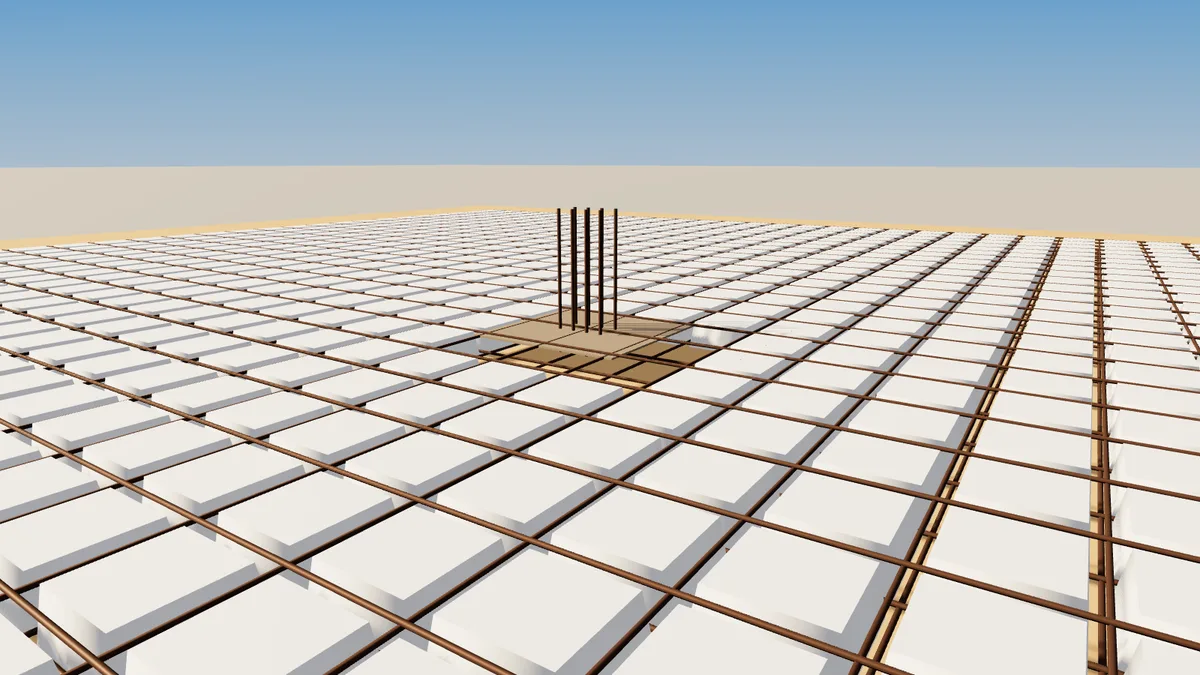 Ilustración 3D de la armadura de los nervios entre los casetones de un forjado reticular